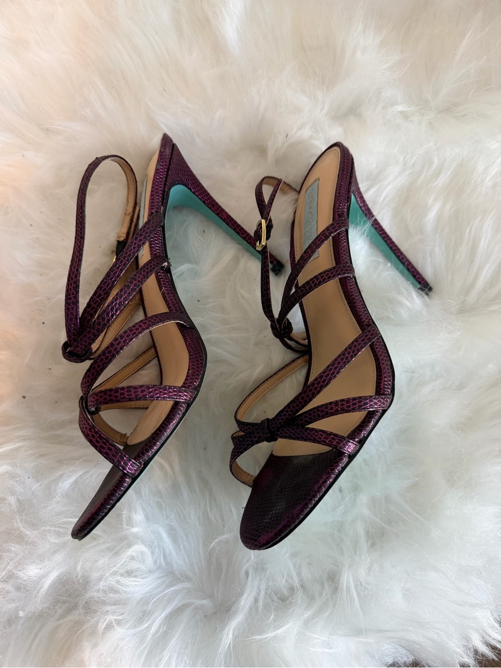 Betsey Johnson Plum Metallic Strappy Stiletto Sandals